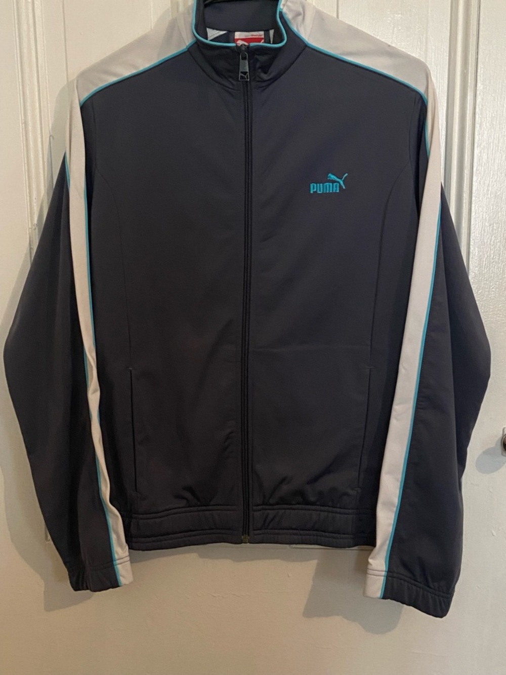 Puma Men's Gray Track Jacket with White Panels and Teal Accents